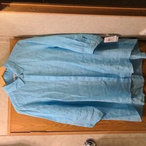 NWT-Tiny Stain: Foxcroft Linen Button Front Tunic Blouse Shirt Turquoise Size 10